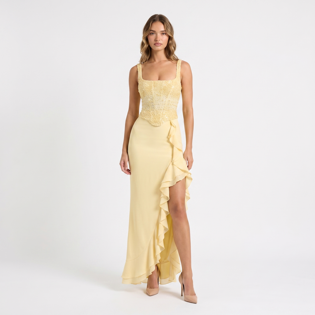 Women's Formal Maxi Dress – Beaded Bustier Ruffle Split Chiffon Skirt