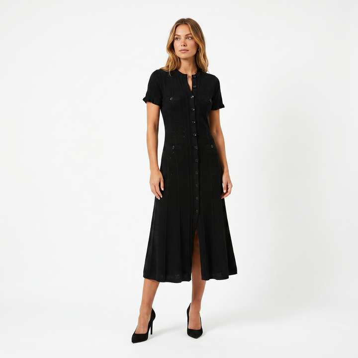 Women's Button Knit Dress – Pointelle Short Sleeve Midi Four-Pocket