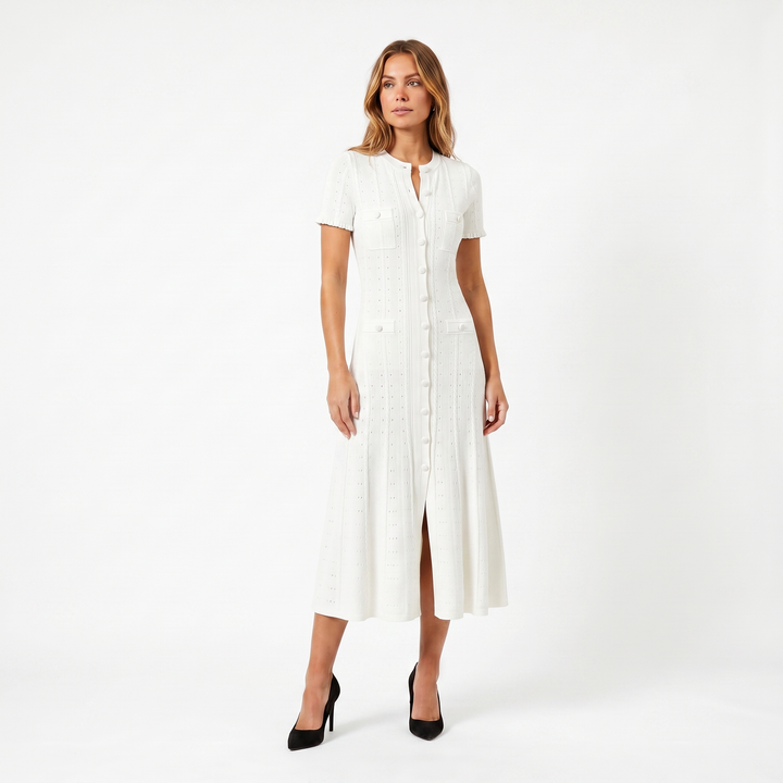 Women's Button Knit Dress – Pointelle Short Sleeve Midi Four-Pocket