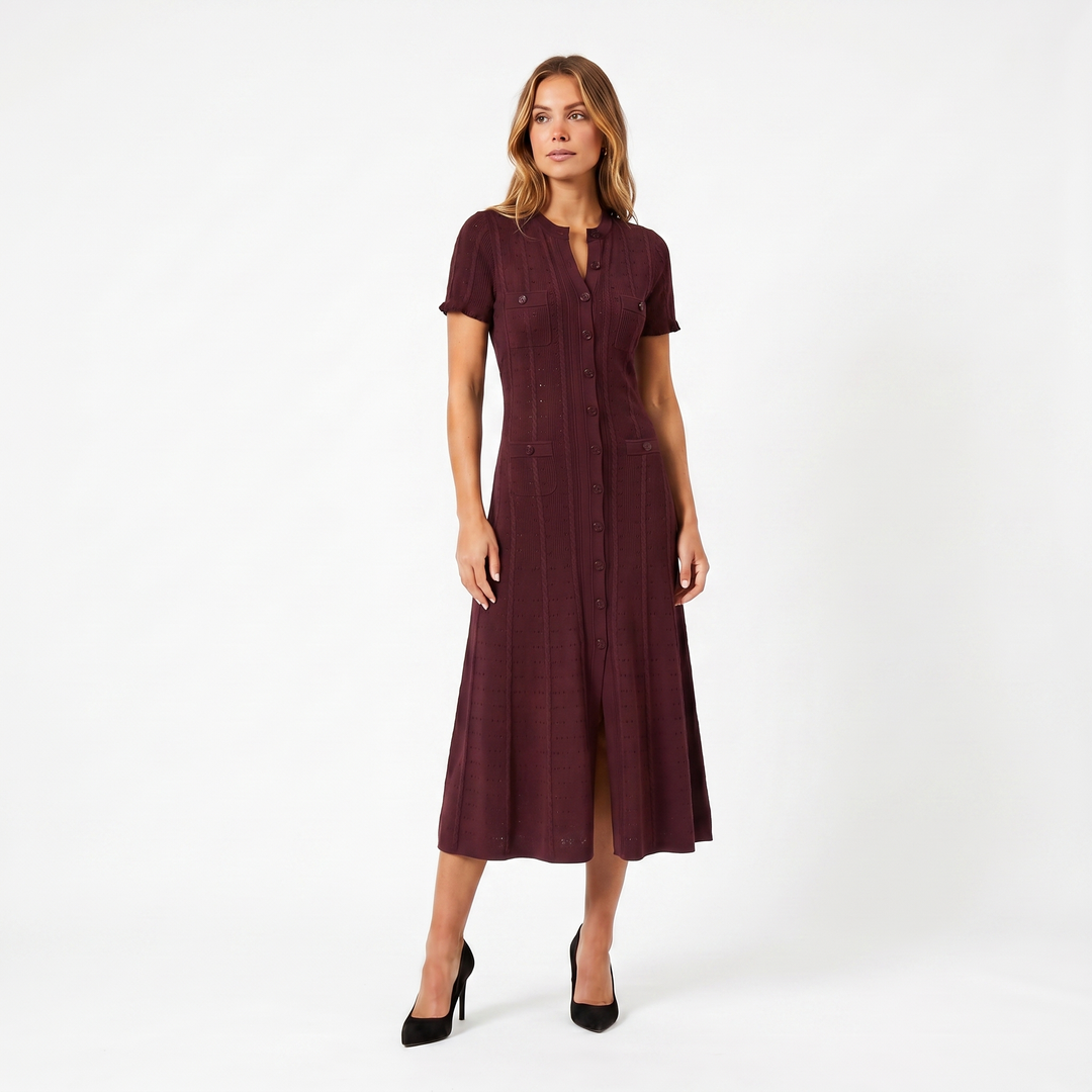 Women's Button Knit Dress – Pointelle Short Sleeve Midi Four-Pocket