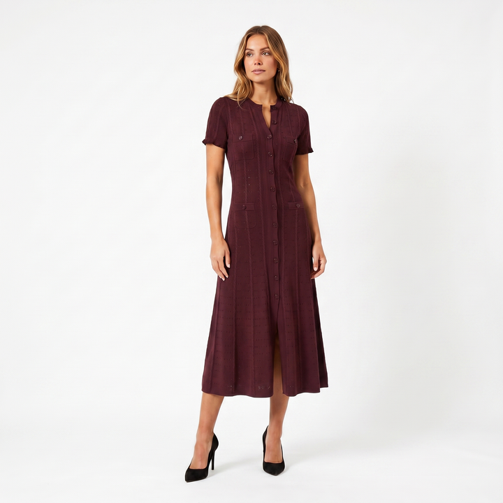 Women's Button Knit Dress – Pointelle Short Sleeve Midi Four-Pocket