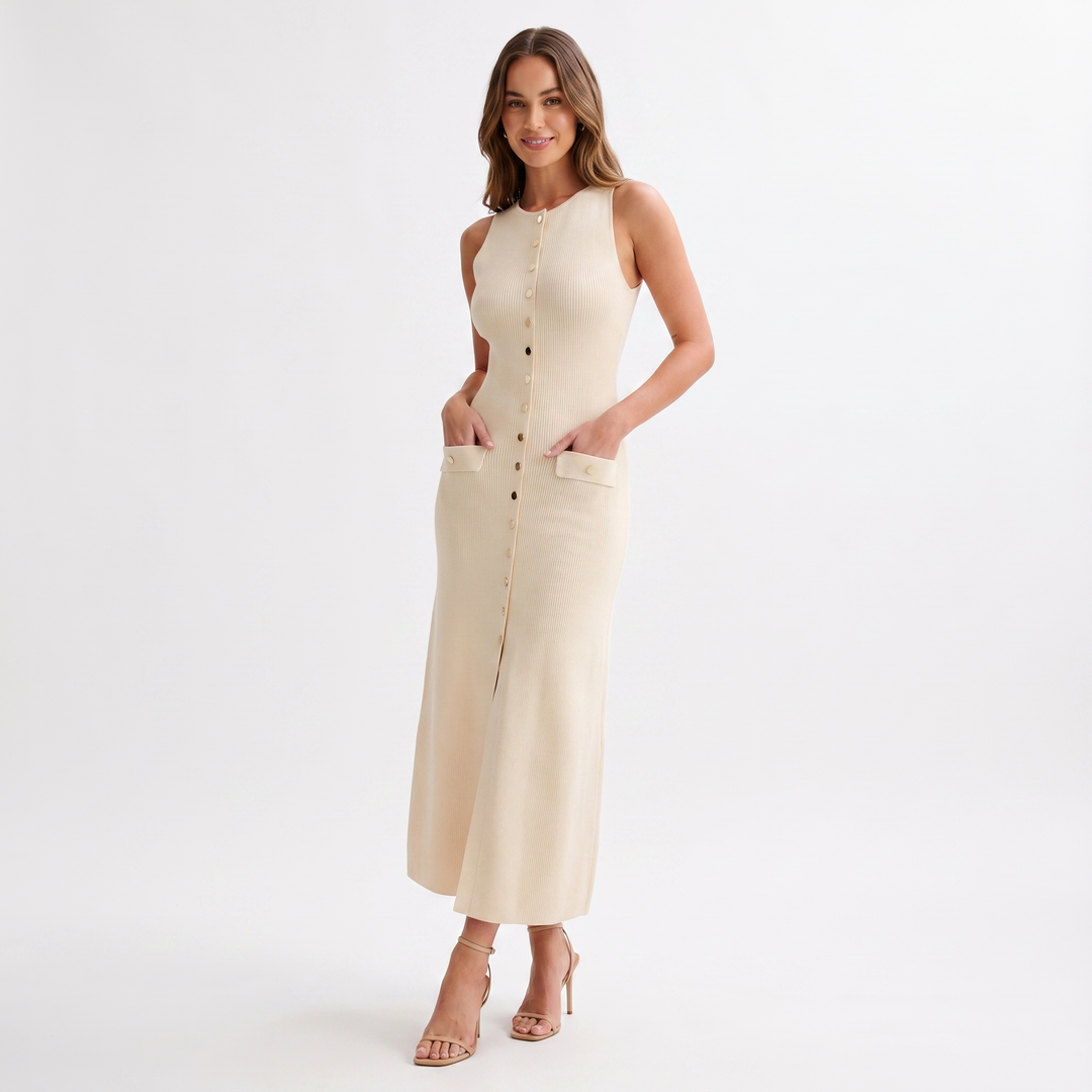 Women's Maxi Shirt Dress – Ribbed Knit Sleeveless Button-Front Gold Pocket