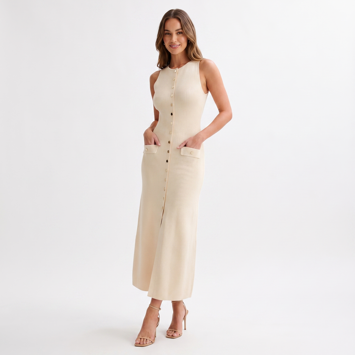 Women's Maxi Shirt Dress – Ribbed Knit Sleeveless Button-Front Gold Pocket