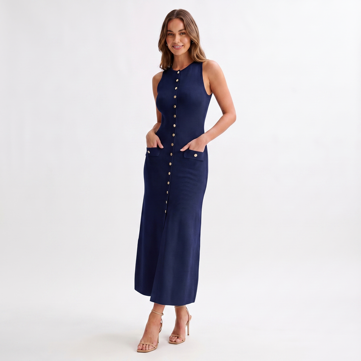 Women's Maxi Shirt Dress – Ribbed Knit Sleeveless Button-Front Gold Pocket