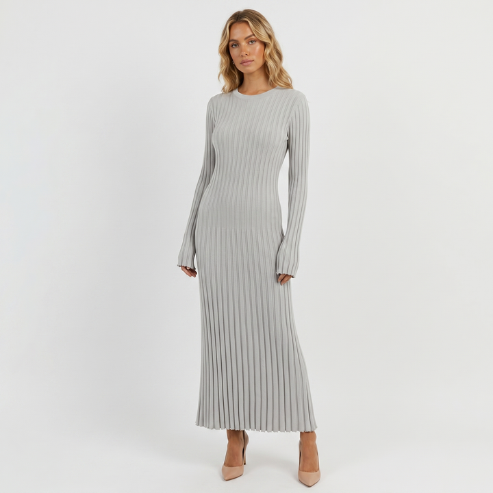 Long Sleeve Maxi Dress - Ribbed Knit Pleated Skirt