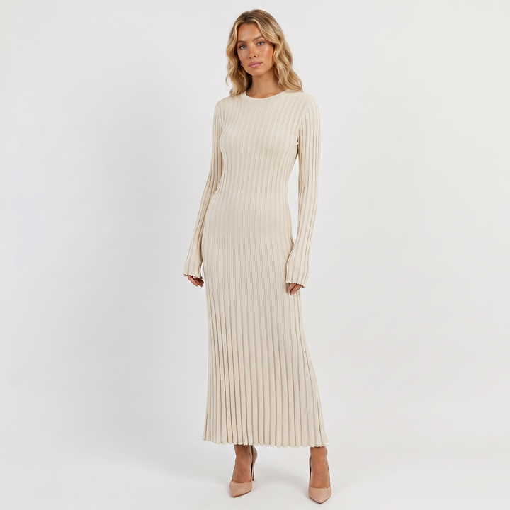 Long Sleeve Maxi Dress - Ribbed Knit Pleated Skirt
