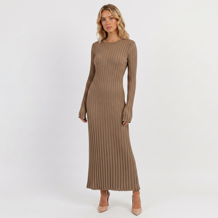 Long Sleeve Maxi Dress - Ribbed Knit Pleated Skirt
