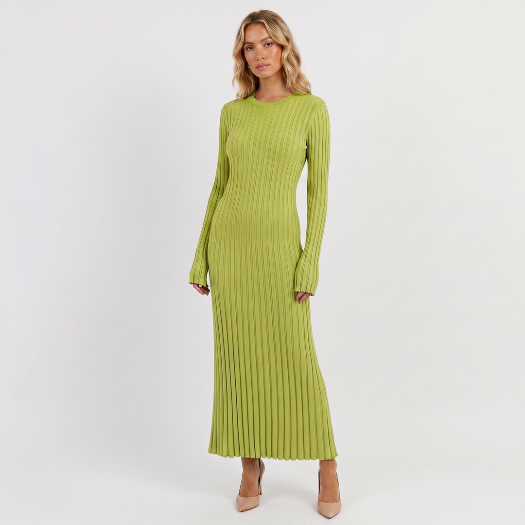 Long Sleeve Maxi Dress - Ribbed Knit Pleated Skirt