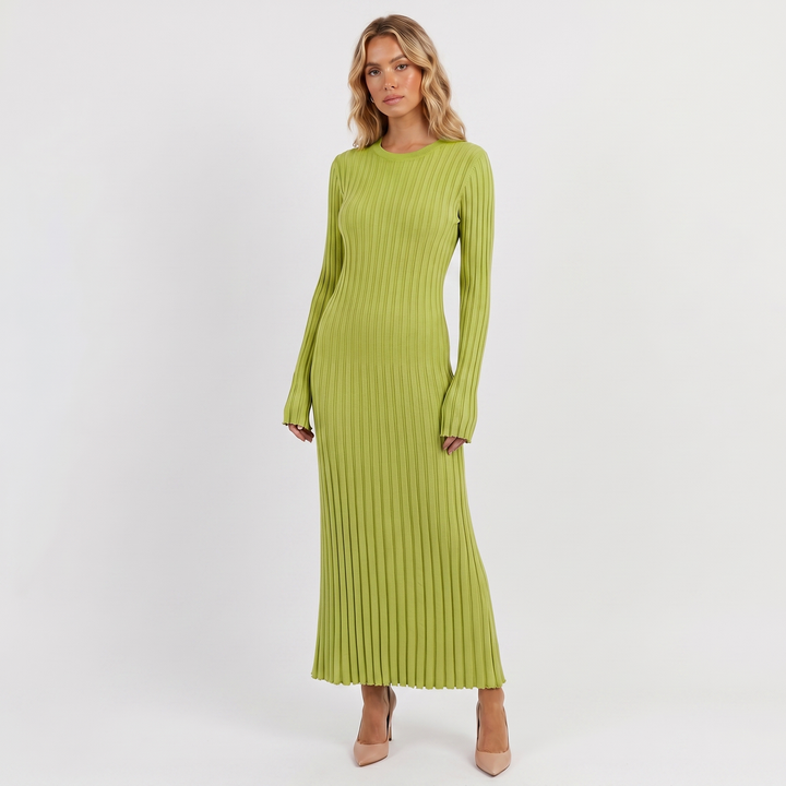 Long Sleeve Maxi Dress - Ribbed Knit Pleated Skirt