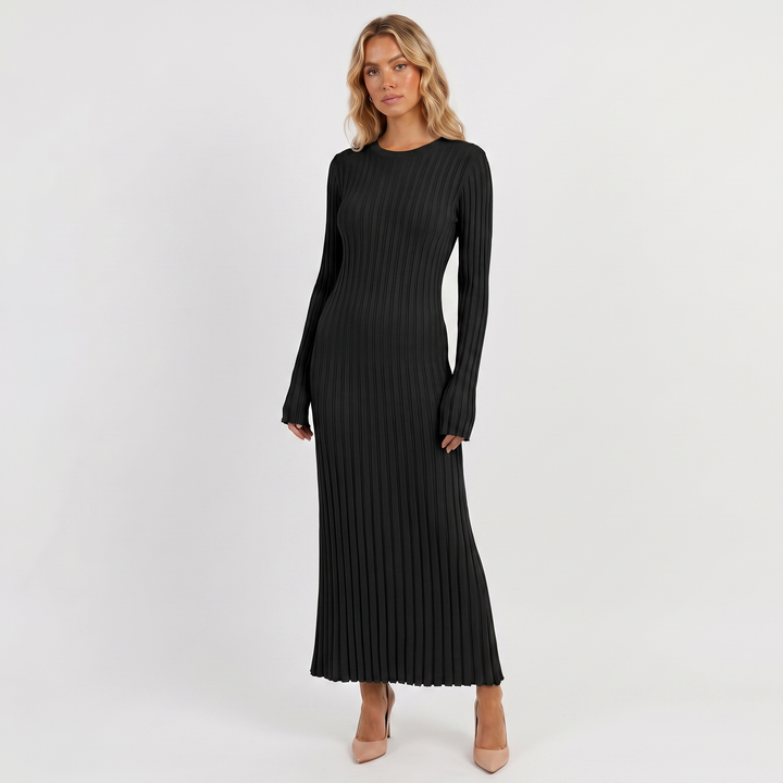 Long Sleeve Maxi Dress - Ribbed Knit Pleated Skirt