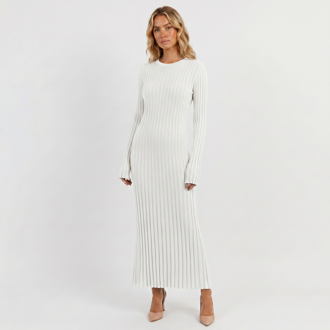 Long Sleeve Maxi Dress - Ribbed Knit Pleated Skirt