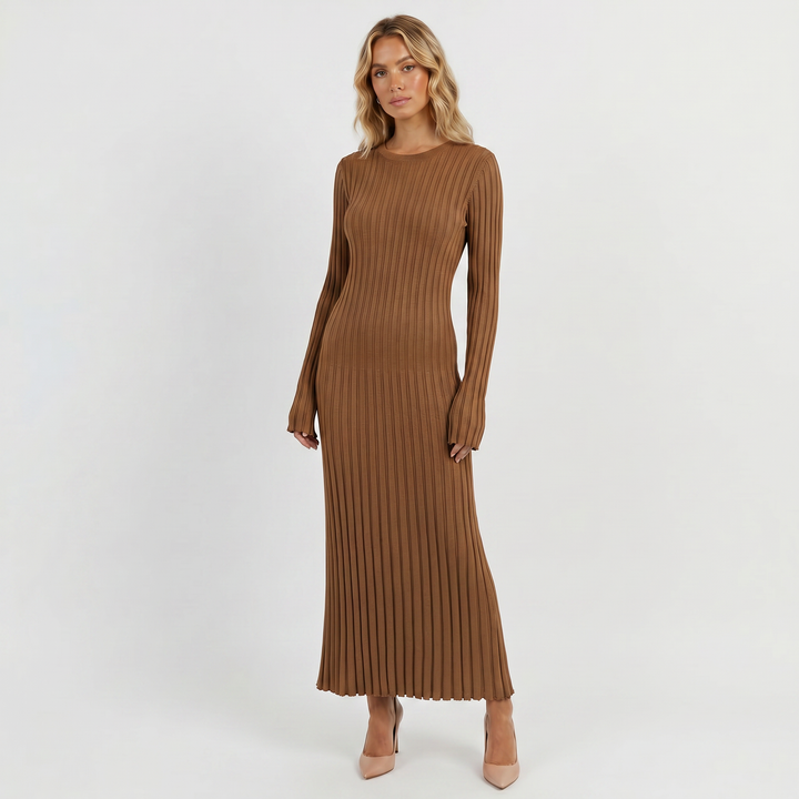 Long Sleeve Maxi Dress - Ribbed Knit Pleated Skirt