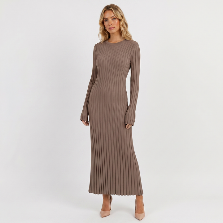 Long Sleeve Maxi Dress - Ribbed Knit Pleated Skirt
