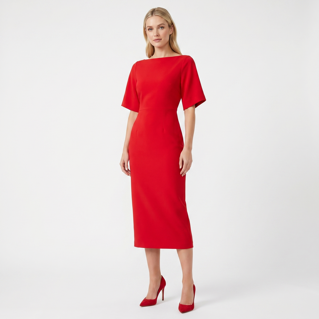 Women's Elegant Work Dress – Boat Neck Flutter Sleeve Fitted Midi