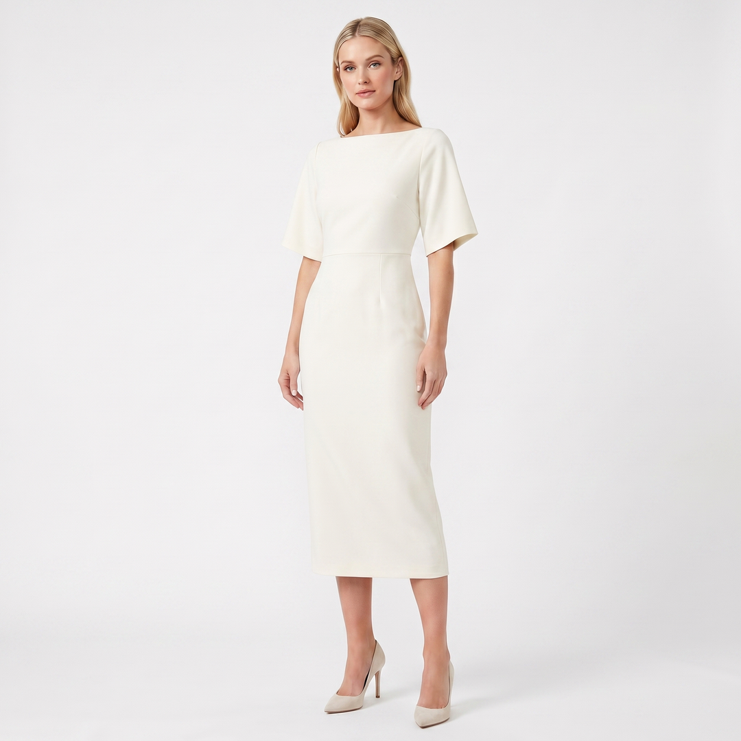 Women's Elegant Work Dress – Boat Neck Flutter Sleeve Fitted Midi