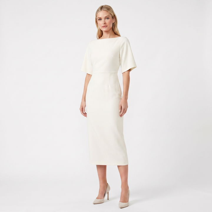Women's Elegant Work Dress – Boat Neck Flutter Sleeve Fitted Midi