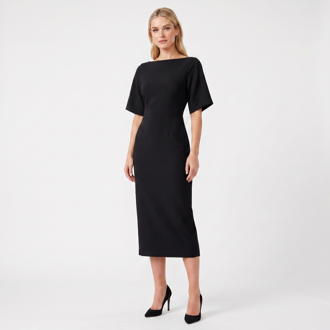 Women's Elegant Work Dress – Boat Neck Flutter Sleeve Fitted Midi