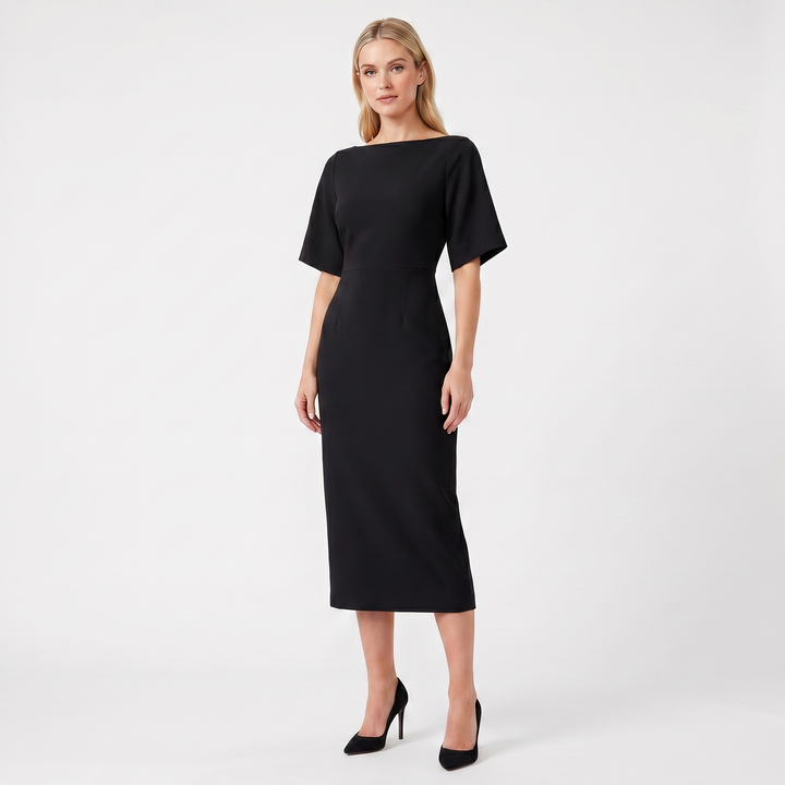 Women's Elegant Work Dress – Boat Neck Flutter Sleeve Fitted Midi