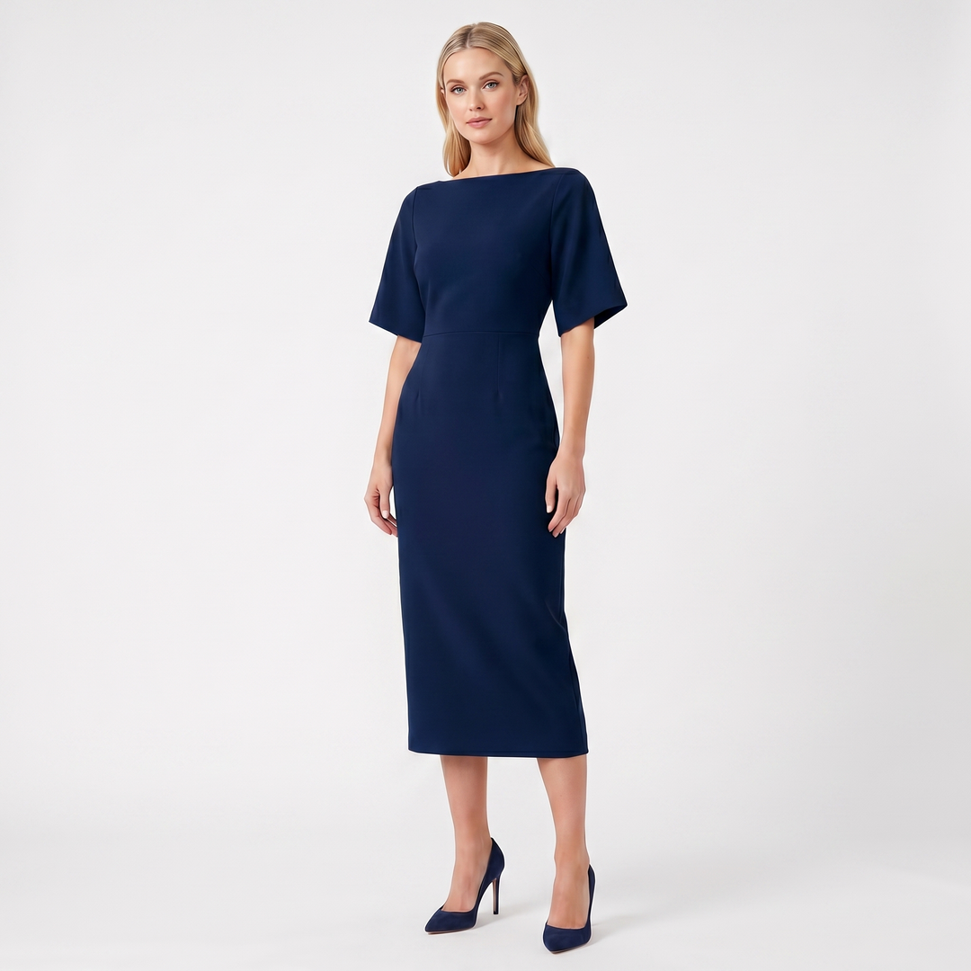Women's Elegant Work Dress – Boat Neck Flutter Sleeve Fitted Midi