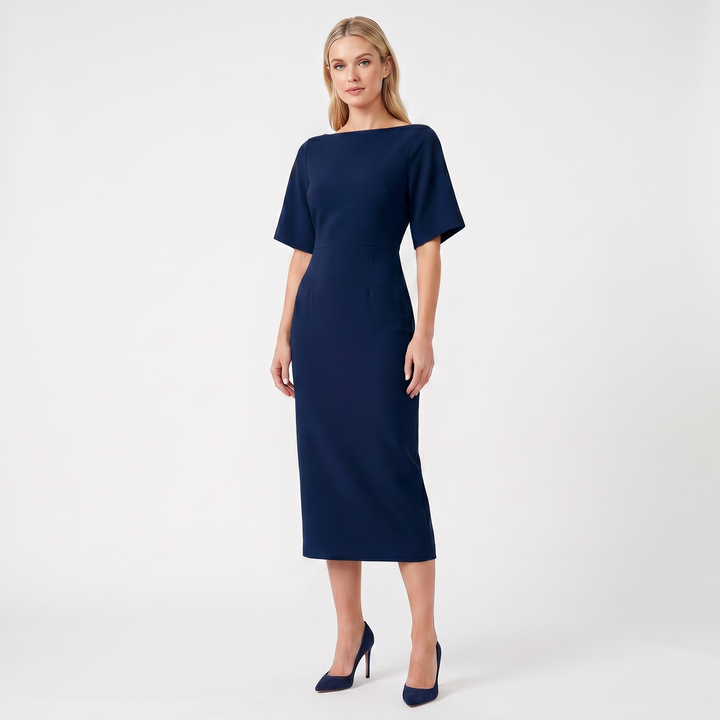 Women's Elegant Work Dress – Boat Neck Flutter Sleeve Fitted Midi