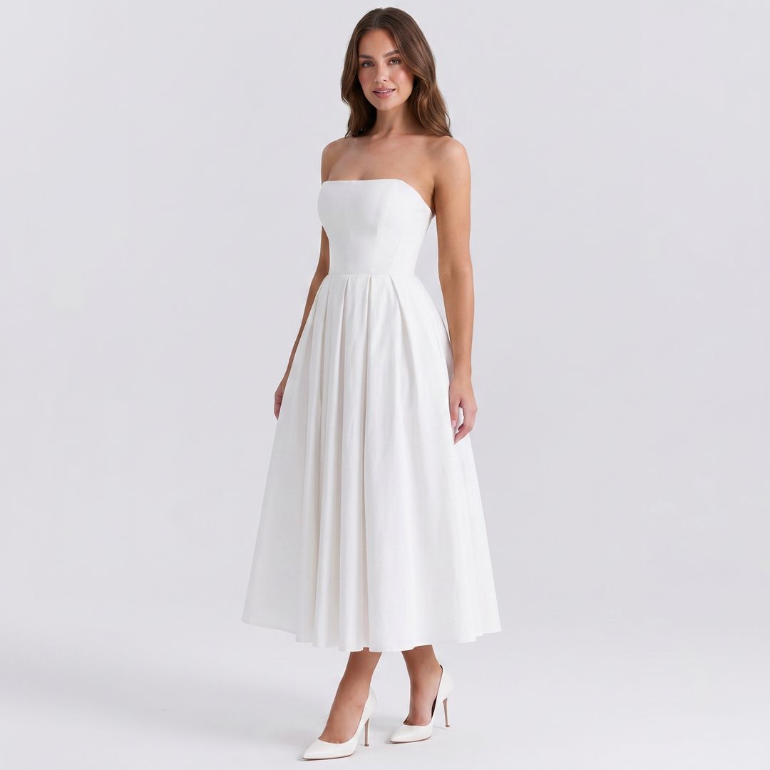 Women's Formal Midi Dress – Strapless Pleated A-Line Full Skirt