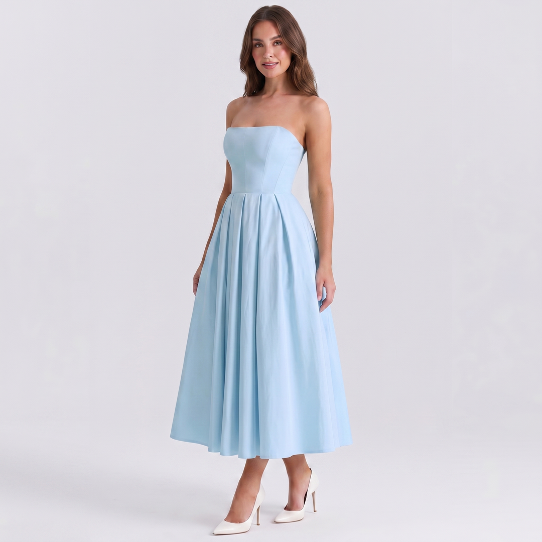 Women's Formal Midi Dress – Strapless Pleated A-Line Full Skirt
