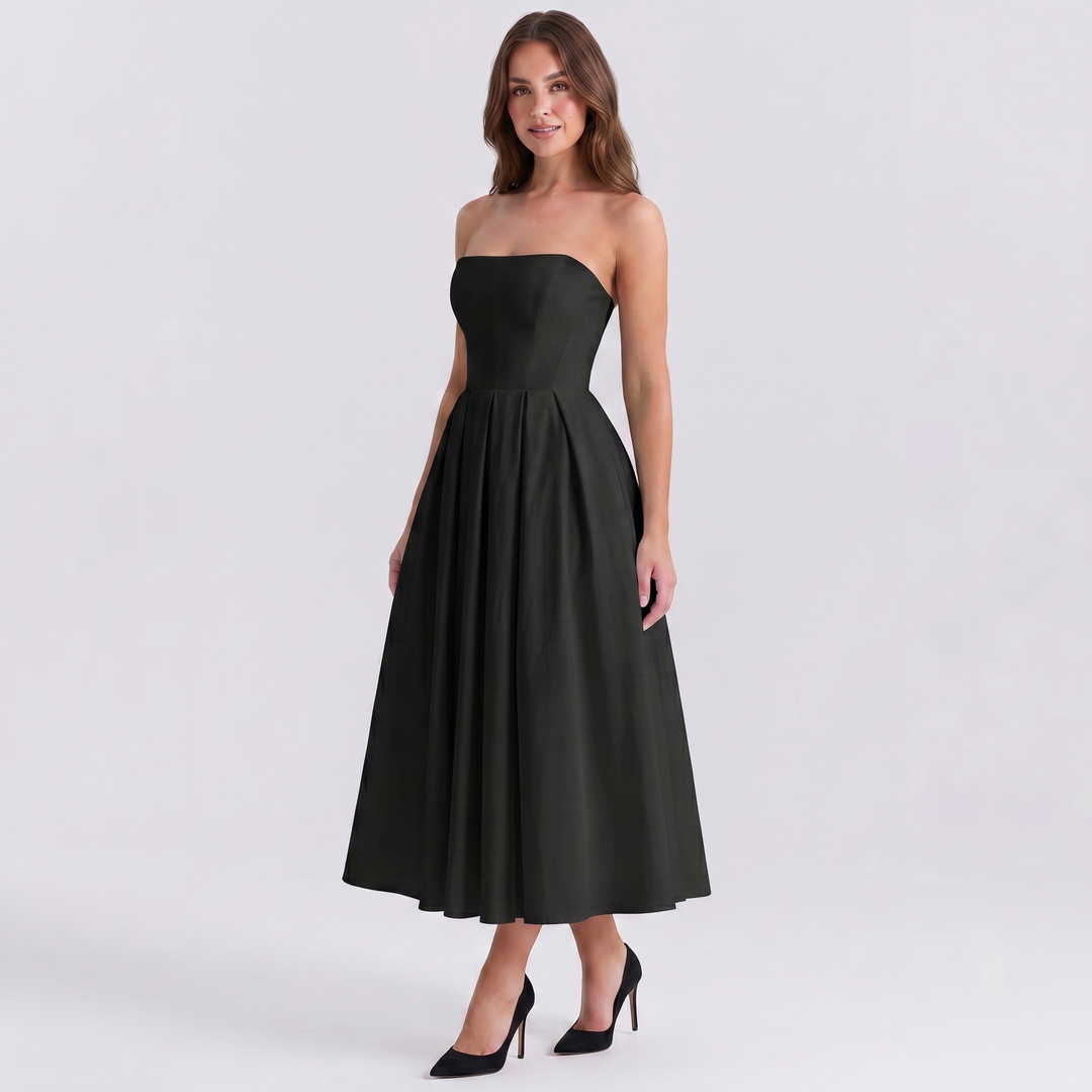 Women's Formal Midi Dress – Strapless Pleated A-Line Full Skirt