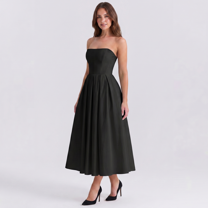 Women's Formal Midi Dress – Strapless Pleated A-Line Full Skirt