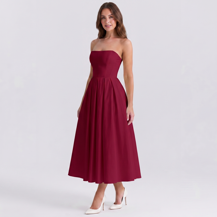 Women's Formal Midi Dress – Strapless Pleated A-Line Full Skirt