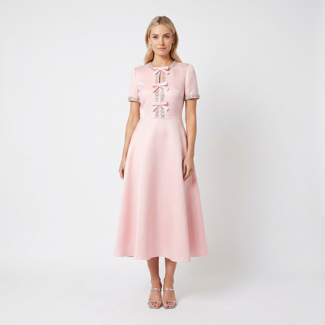 Women's Winter Wedding Outfit Dress – Bow Crystal Embellished Fit-and-Flare Midi