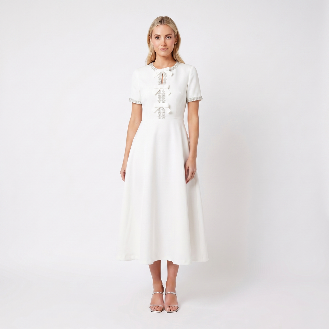 Women's Winter Wedding Outfit Dress – Bow Crystal Embellished Fit-and-Flare Midi