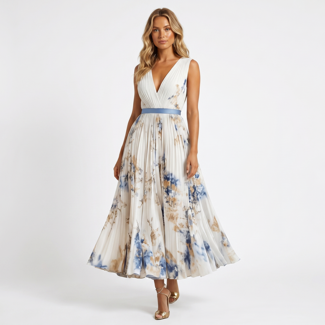 Women's Formal Maxi Dress – Pleated Chiffon Floral Print V-Neck Satin Belt