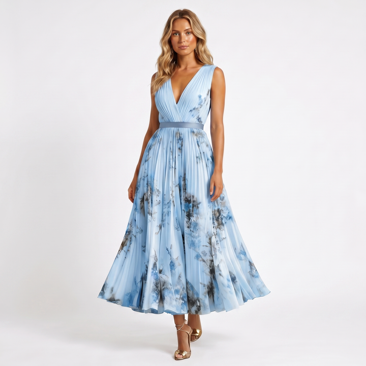 Women's Formal Maxi Dress – Pleated Chiffon Floral Print V-Neck Satin Belt