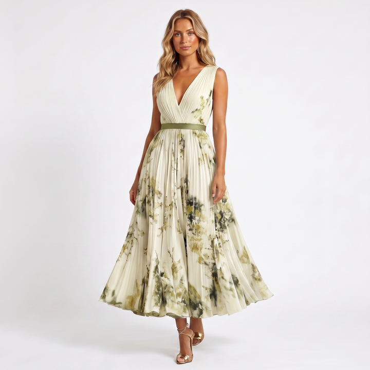 Women's Formal Maxi Dress – Pleated Chiffon Floral Print V-Neck Satin Belt