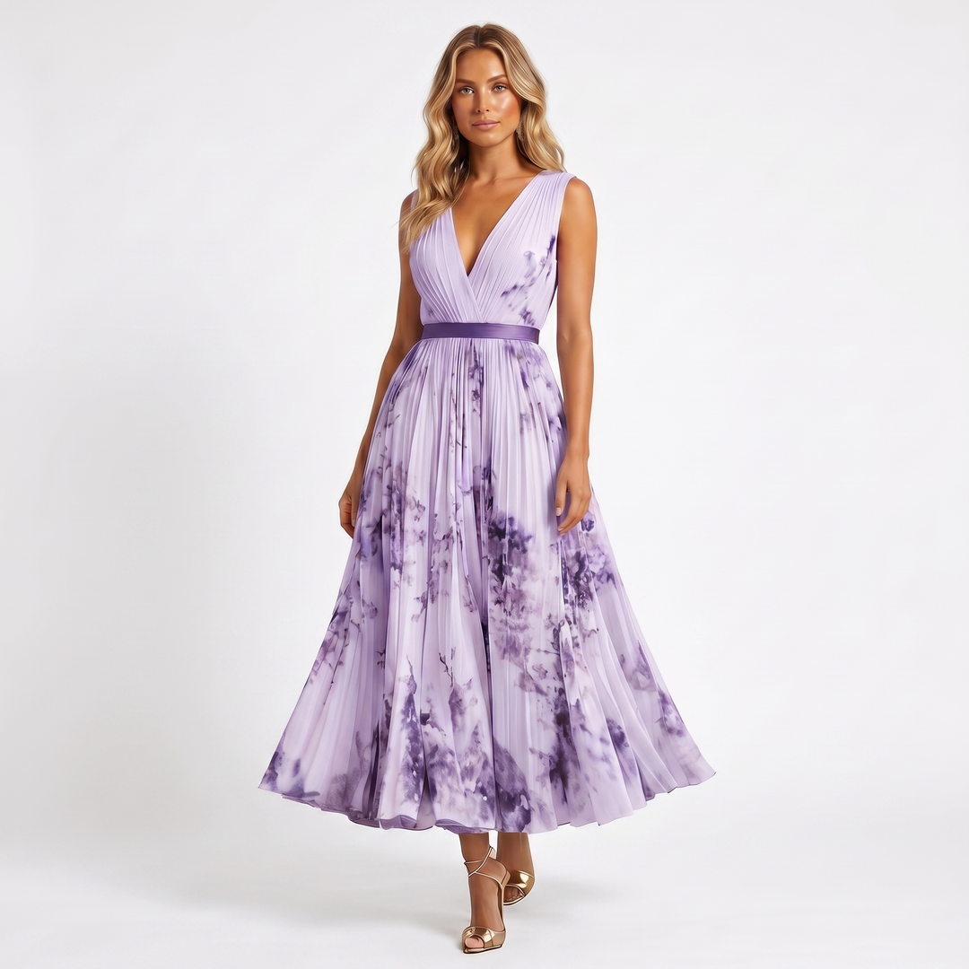 Women's Formal Maxi Dress – Pleated Chiffon Floral Print V-Neck Satin Belt