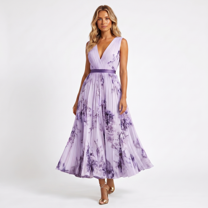 Women's Formal Maxi Dress – Pleated Chiffon Floral Print V-Neck Satin Belt