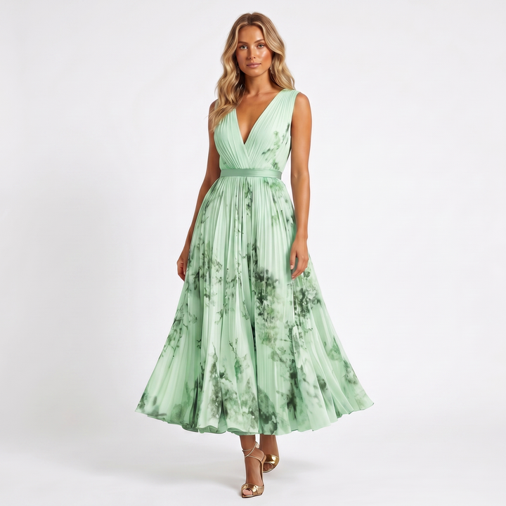 Women's Formal Maxi Dress – Pleated Chiffon Floral Print V-Neck Satin Belt