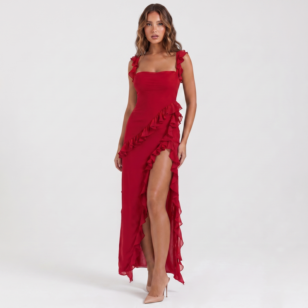 Women's Formal Maxi Dress – Chiffon Ruffle Cascade Asymmetric Split Strappy