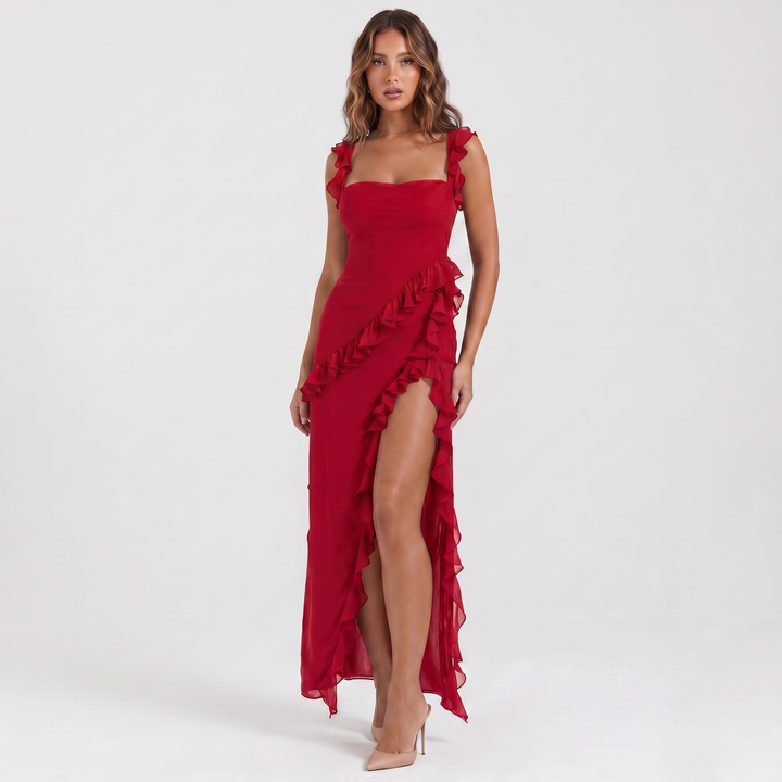 Women's Formal Maxi Dress – Chiffon Ruffle Cascade Asymmetric Split Strappy