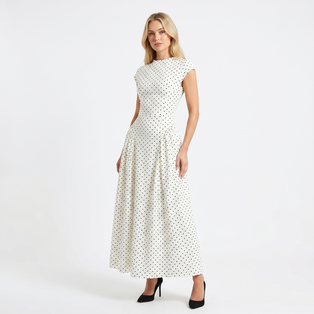 Women's Formal Maxi Dress – Polka Dot Cap Sleeve Fit-and-Flare Full Skirt
