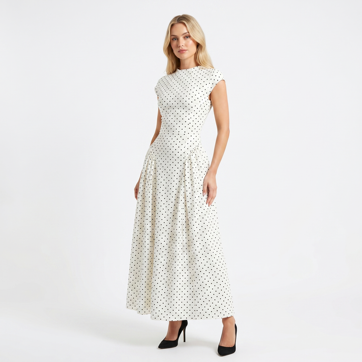 Women's Formal Maxi Dress – Polka Dot Cap Sleeve Fit-and-Flare Full Skirt