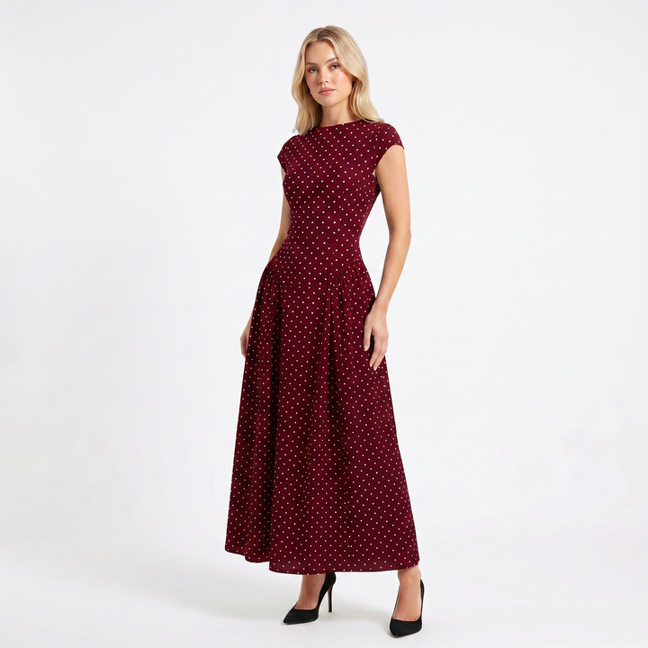 Women's Formal Maxi Dress – Polka Dot Cap Sleeve Fit-and-Flare Full Skirt