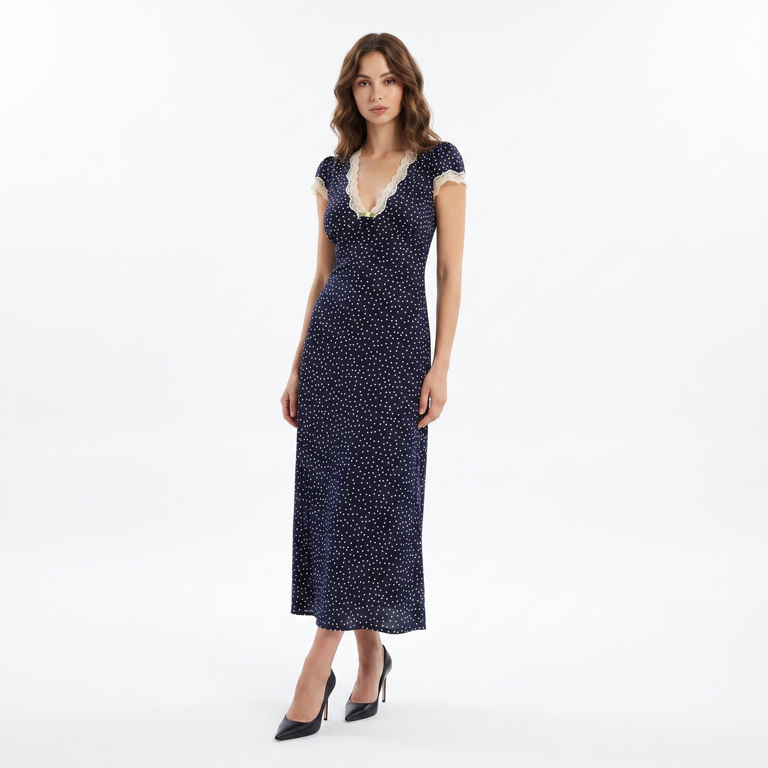 Women's Midi Dress – Polka Dot Lace Trim V-Neck Cap Sleeve Column