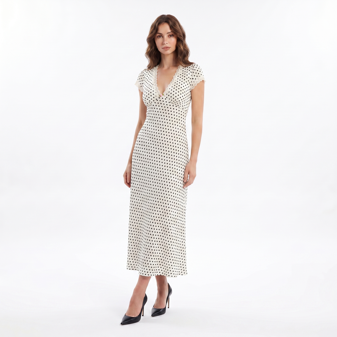 Women's Midi Dress – Polka Dot Lace Trim V-Neck Cap Sleeve Column