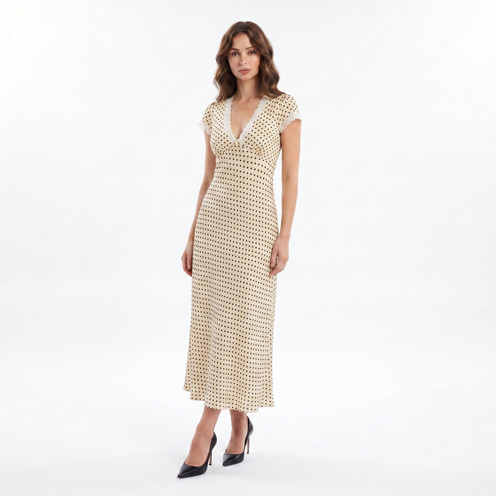 Women's Midi Dress – Polka Dot Lace Trim V-Neck Cap Sleeve Column
