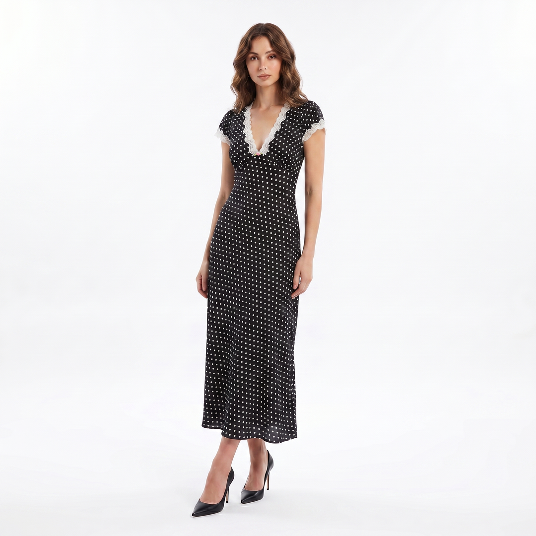 Women's Midi Dress – Polka Dot Lace Trim V-Neck Cap Sleeve Column