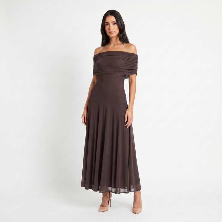 Women's Formal Maxi Dress – Off Shoulder Draped Fold Chiffon Full Skirt