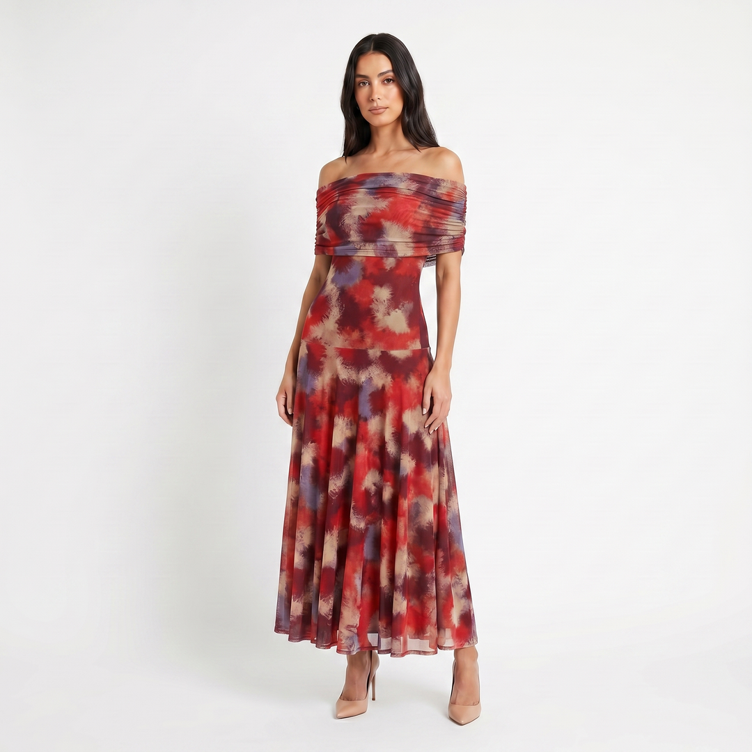 Women's Formal Maxi Dress – Off Shoulder Draped Fold Chiffon Full Skirt