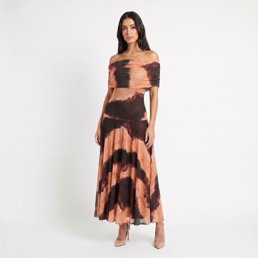 Women's Formal Maxi Dress – Off Shoulder Draped Fold Chiffon Full Skirt