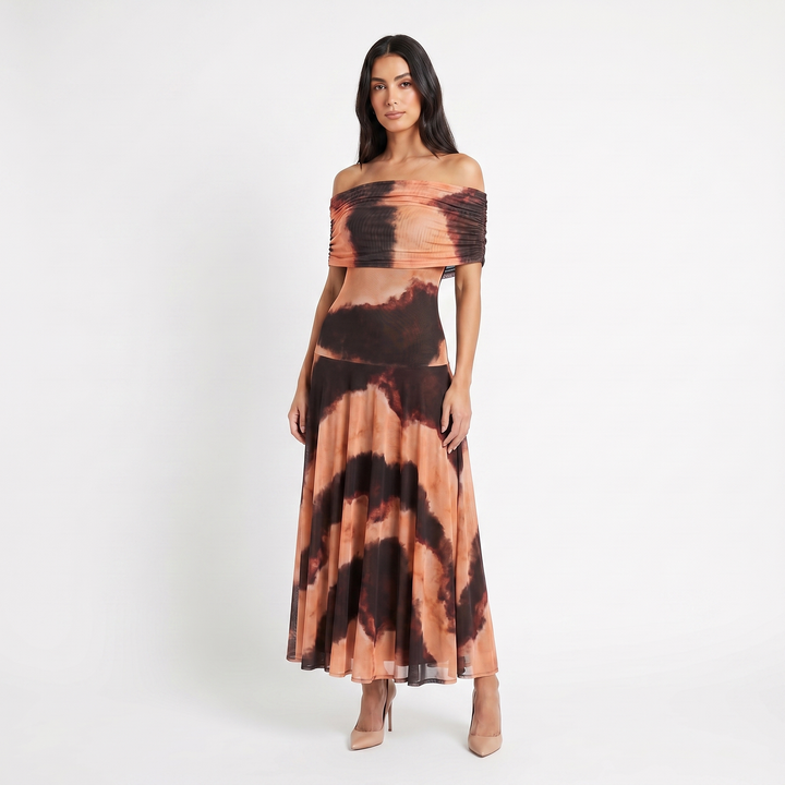 Women's Formal Maxi Dress – Off Shoulder Draped Fold Chiffon Full Skirt